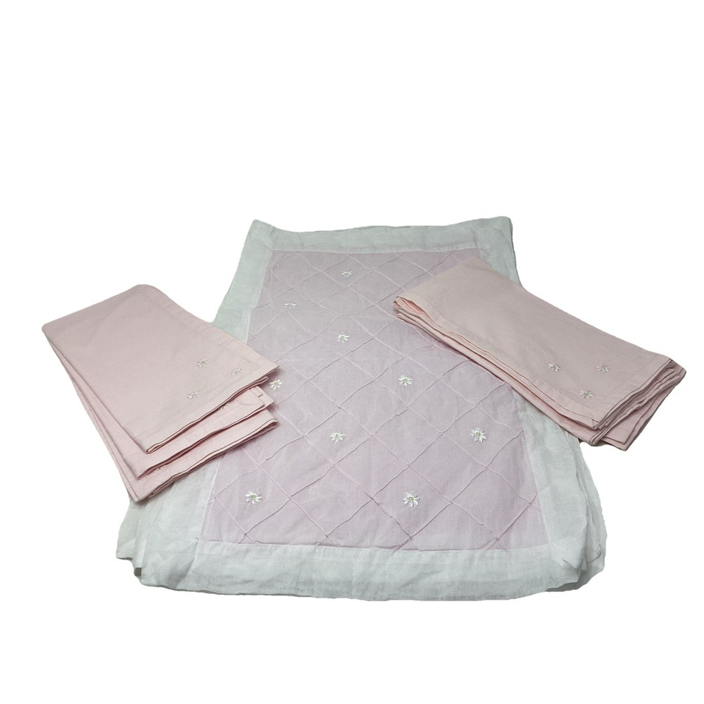 (7) Pottery Barn Pink Daisy Embroidered Placemats &Matching Napkins India Cotton